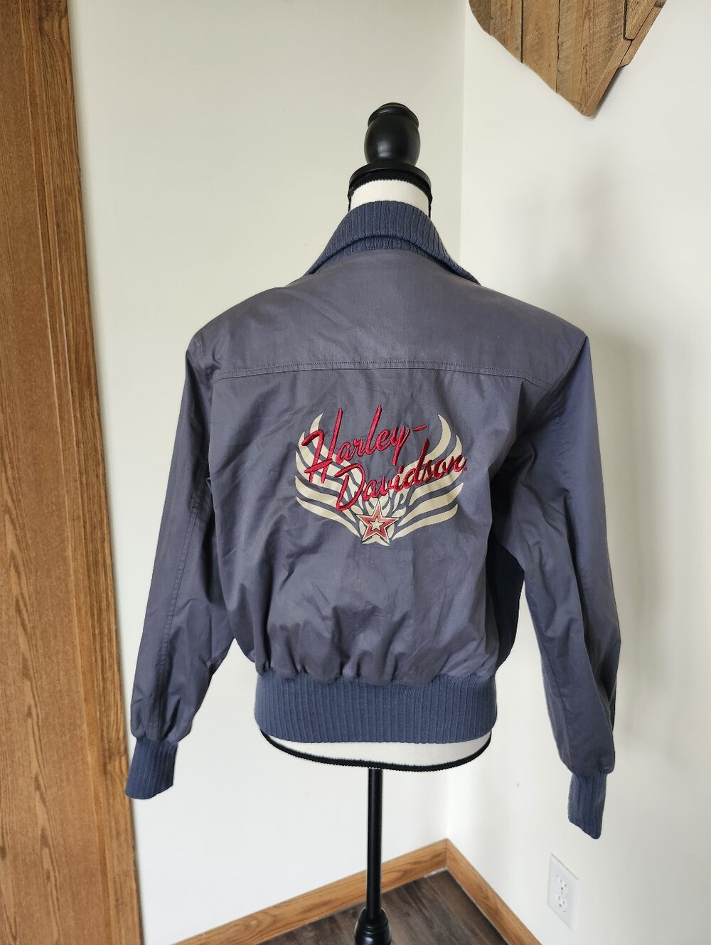 Vintage Harley Davidson Motorcycle Women's Slate Blue Bomber Jacket - Picture 6 of 8